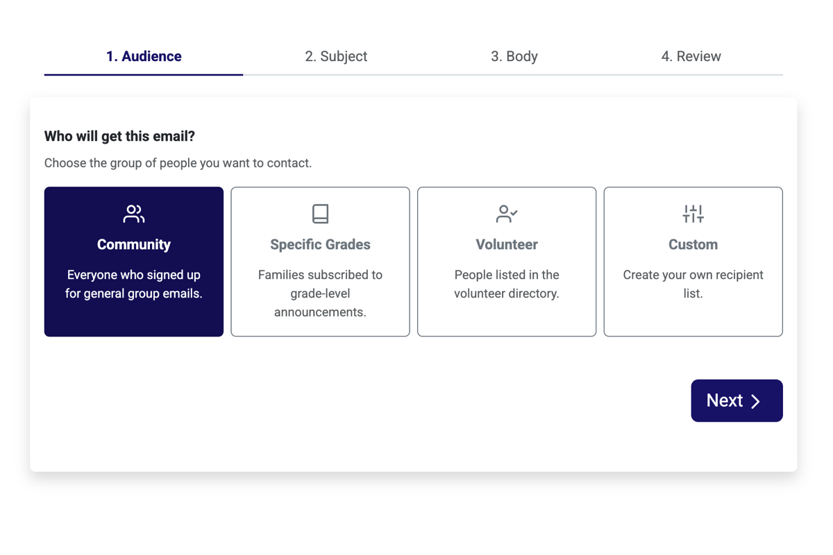 Big Nest email tool showing audience choices for parent-group communication