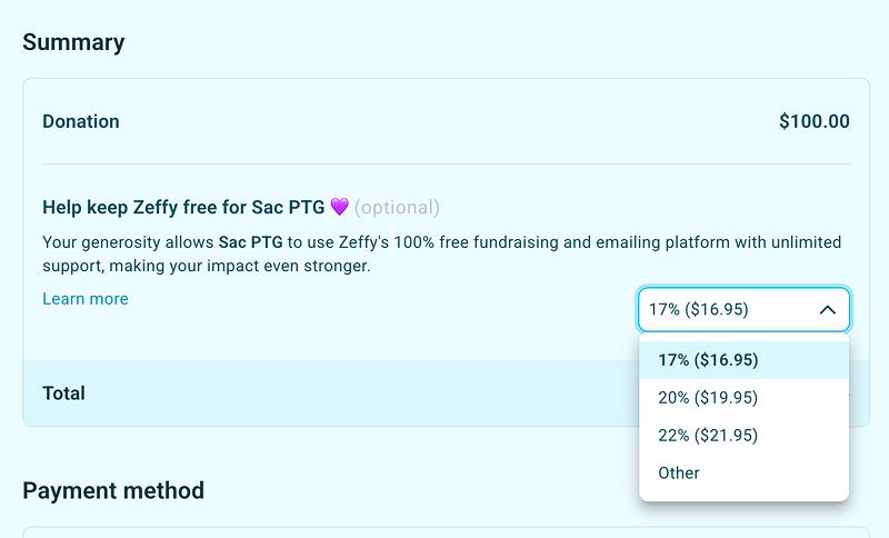 Zeffy checkout showing an optional contribution request