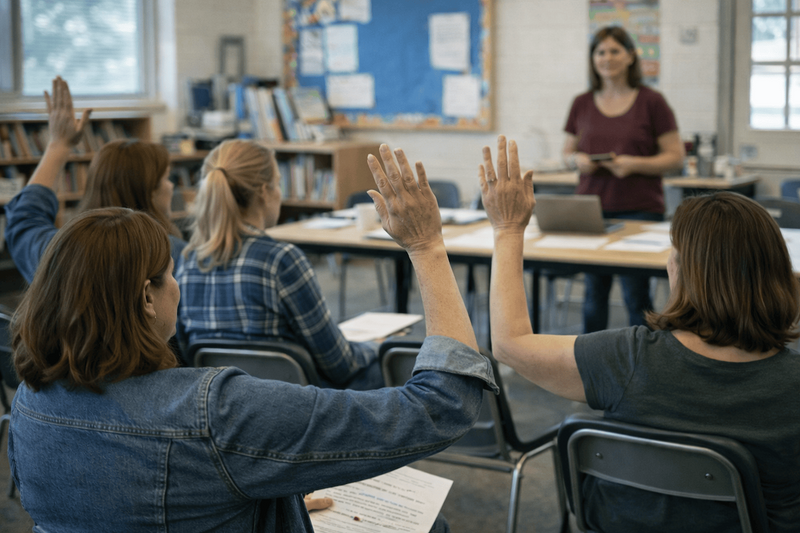parents raising hands during a PTO meeting