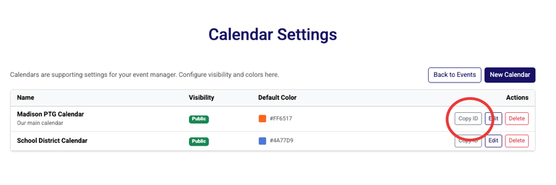 Big Nest calendar events dashboard
