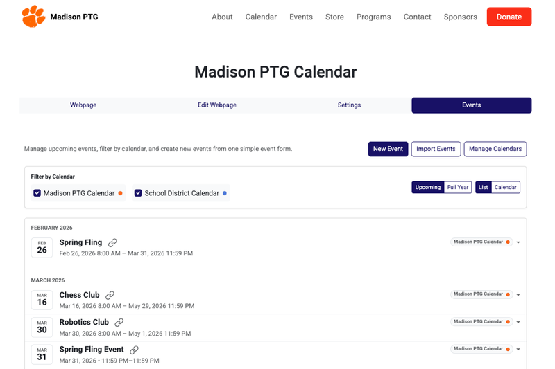 Big Nest calendar events dashboard