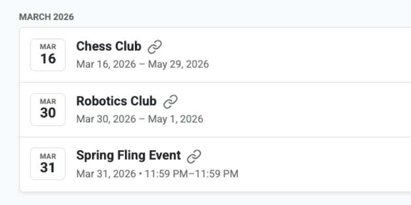 Big Nest calendar events dashboard