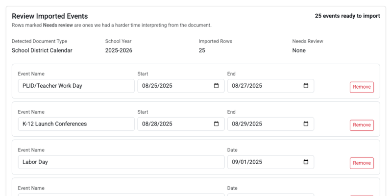 Big Nest calendar events dashboard