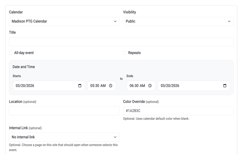 Create event form in Big Nest calendar