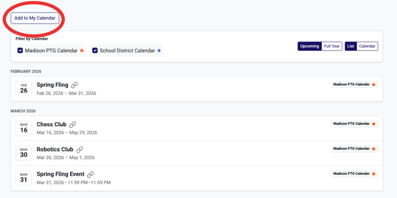 Big Nest calendar events dashboard