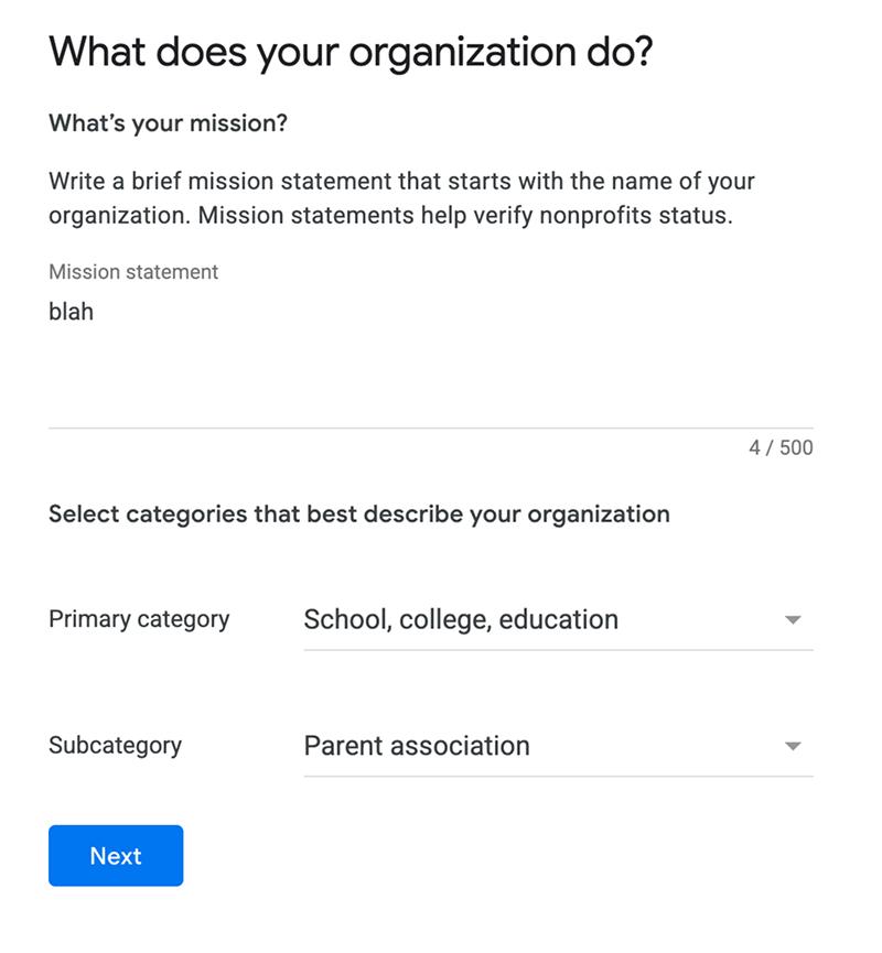 Google for Nonprofits category screen with education and parent association selected