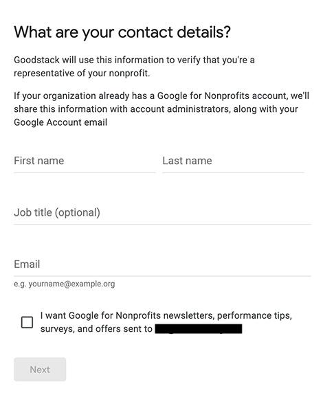 Google for Nonprofits screen asking for the applicant's name, role, and email address