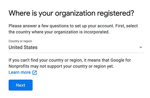 Google for Nonprofits country selection screen with United States selected