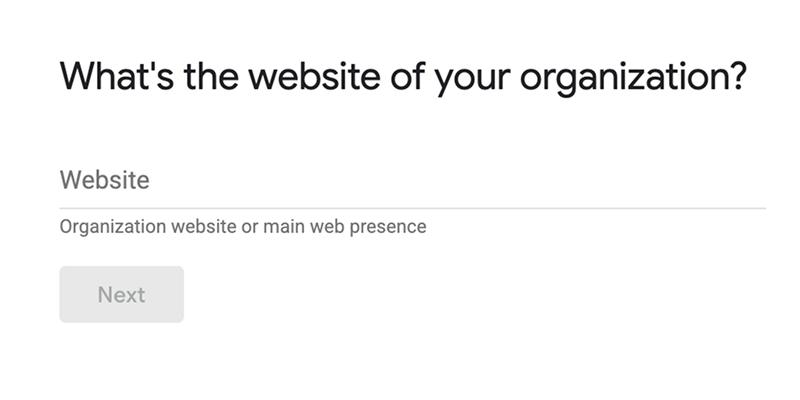 Google for Nonprofits screen asking for the organization website