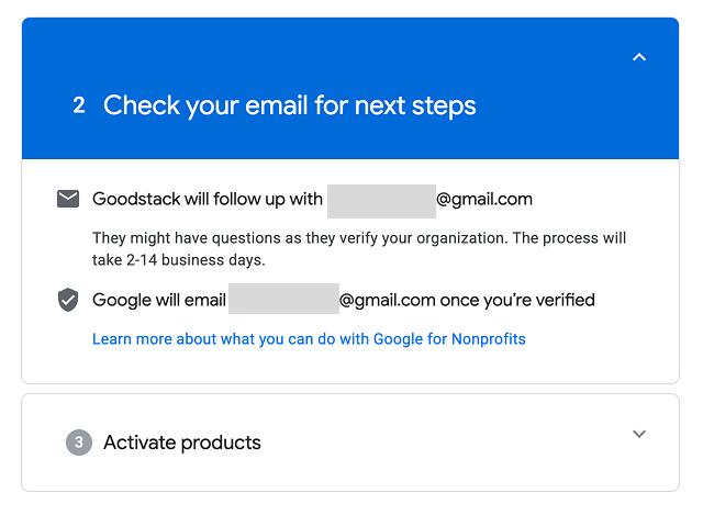 Google for Nonprofits screen asking you to check your email for verification next steps