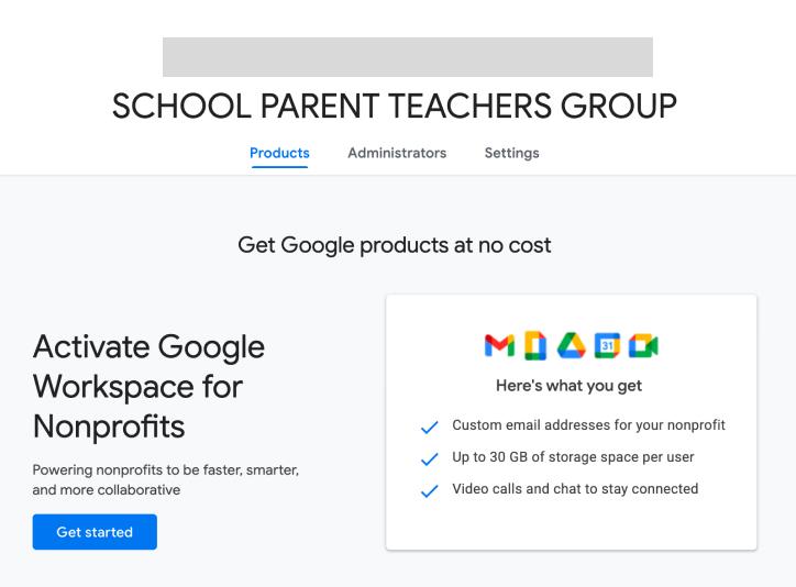 Google for Nonprofits dashboard with a Get started button for Workspace