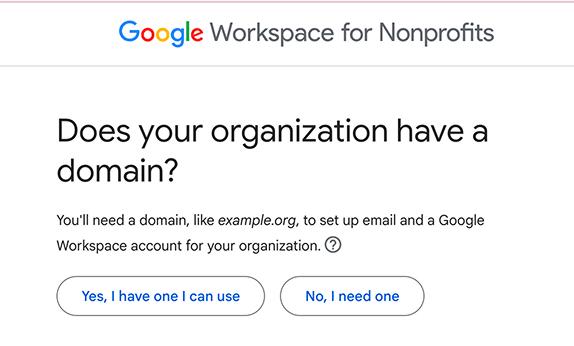 Workspace signup asking whether the organization has a domain