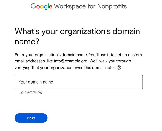 Workspace signup asking for the organization’s domain name