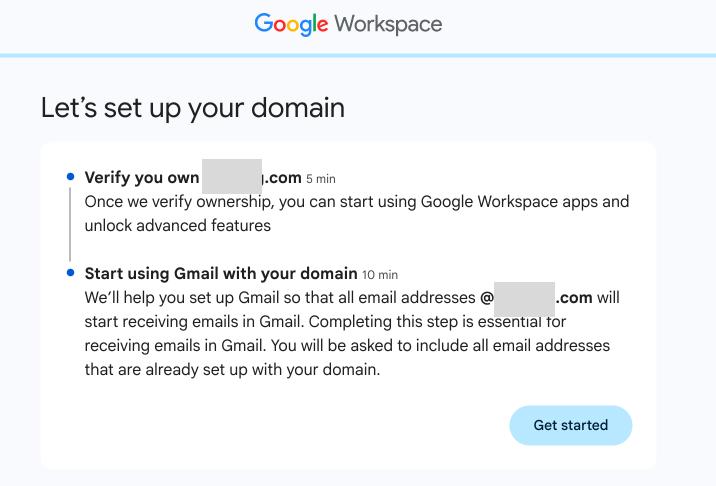 Workspace domain setup showing ownership verification and Gmail setup as separate tasks