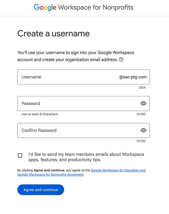 Workspace signup asking for a username and password