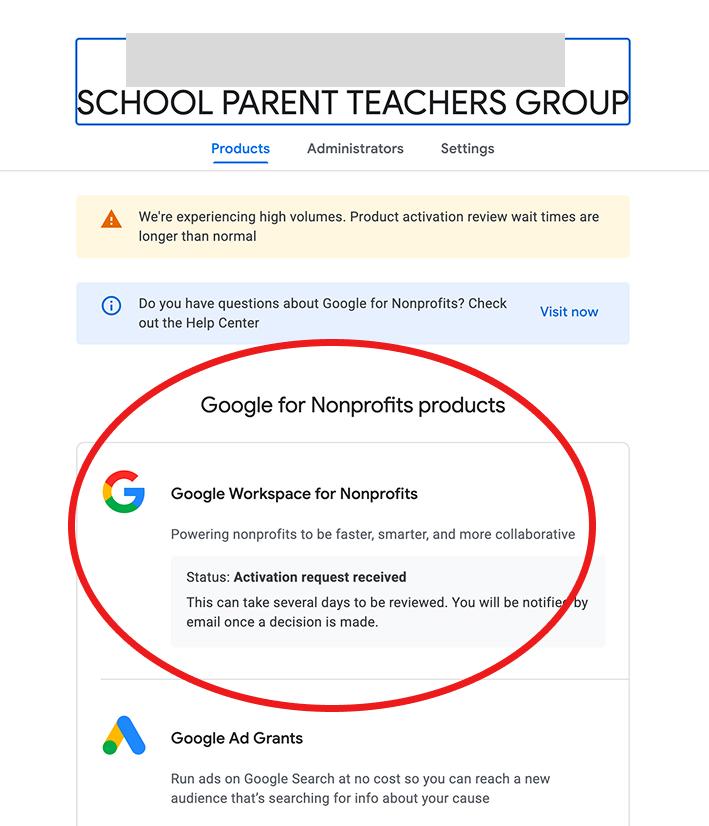 Google for Nonprofits dashboard confirming Activation request received