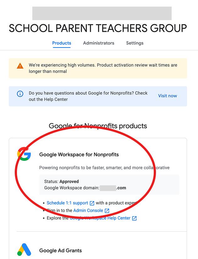 Google for Nonprofits dashboard showing Workspace status Approved