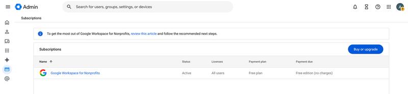 Admin console subscription showing Google Workspace for Nonprofits as Active on a Free plan with no charges