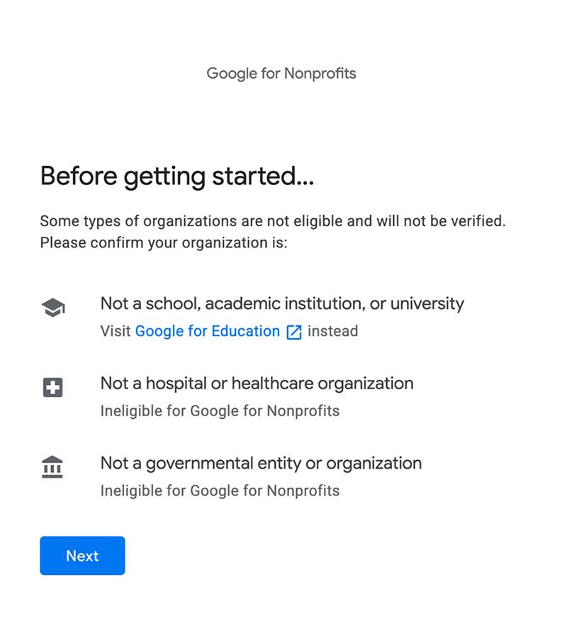 Google for Nonprofits eligibility screen stating that the organization is not a school