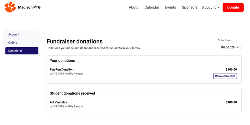 Big Nest family account dashboard with donation records