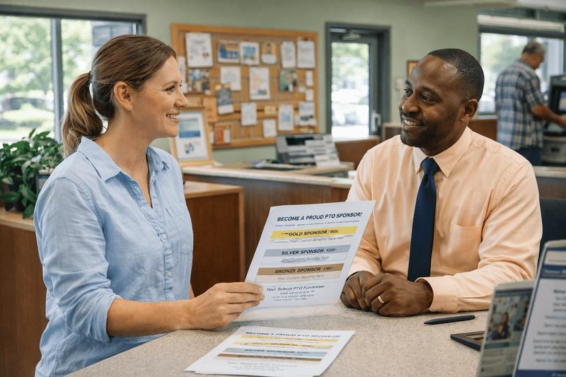 Mom at a bank with a flier