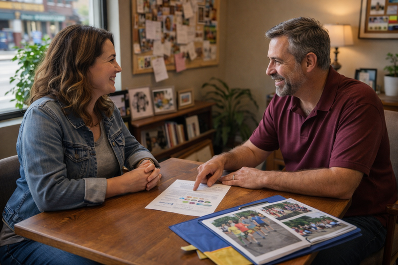 Mom chatting with sponsor