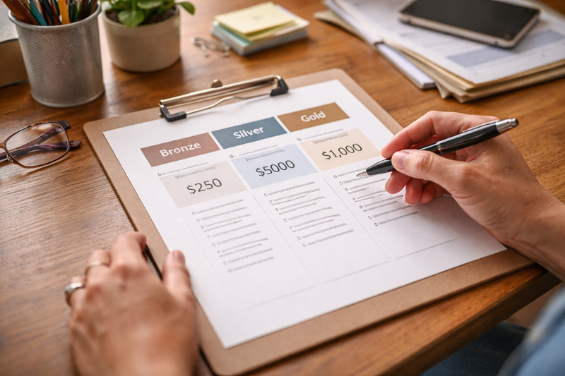 Sponsor flyer showing gold, silver, and bronze options on a clipboard