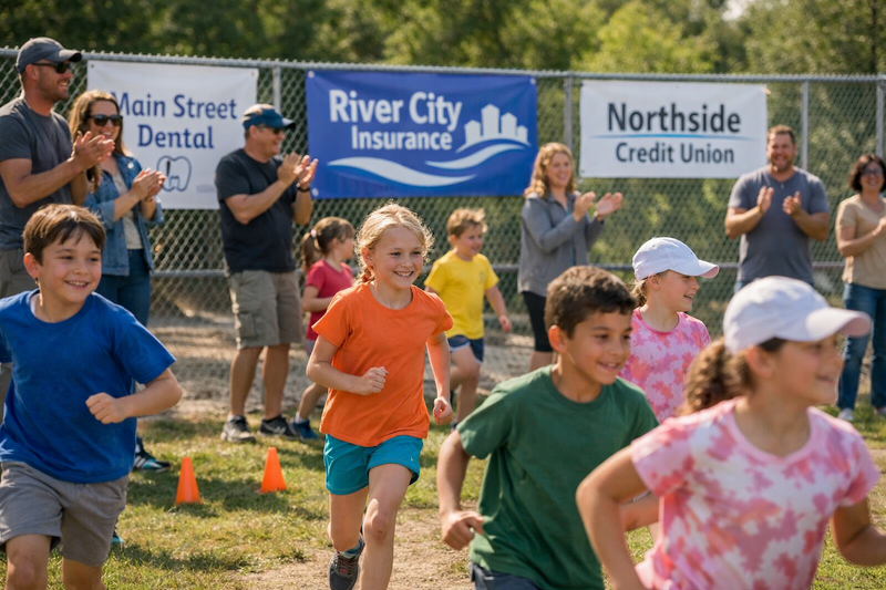 Kids running at a school fun run with sponsor banners in the background